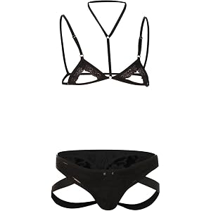 Mens 2 Piece Sexy Femboy Lingerie Set Halter Neck Lace Bralette & Cheeky Thong Sheer Floral Lace Harness Underwear