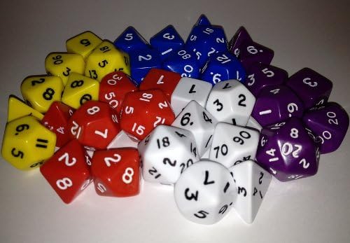 MATCHED COLOUR D&D RPG Dice bulk dice pack - 5x7 dice sets, opaque, plastic 5 colours. Contains d4, d6, d8, d10, d%, d12 and d20 x5