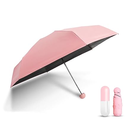 TESS HOME Mini Ultra Lightweight 5 Folding Anti-UV Sun Umbrella with Cute Capsule Case (Pink)