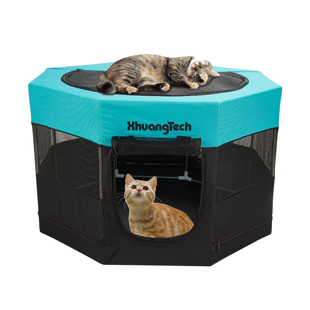 XhuangTech Soft Fabric Portable Foldable Pet Dog Cat Rabbit Guinea Pig Playpen, Steel Pipe Frame Puppy Crate Cage Kennel Tent Indoor/Outdoor use (29" x 29" x 17.7", Blue)