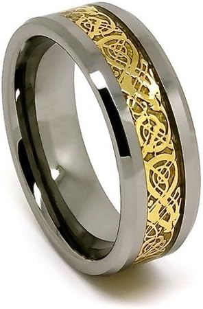 8mm Polished Tungsten Wedding Band with Golden Colored Celtic Dragon Inlay Size (8.5)