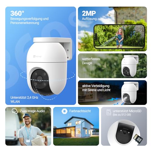EZVIZ 2MP Überwachungskamera Aussen, WLAN IP Kamera mit 360° Abdeckung und Zwei-Wege-Audio, Personenerkennung mit Smart Tracking, Aktive Verteidigung mit Ton und Licht, wasserdicht, C8c 2 Pack thumbnail 2
