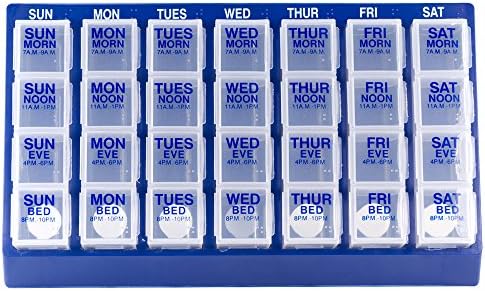 GMS Four-a-day, Weekly, One Day At a Time, Medication Organizer - Large Slant Tray (Clear Pill Boxes in Blue Tray)