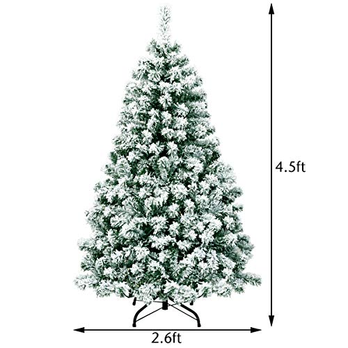 Goplus 4.5ft Artificial Snowy Christmas Tree, PreLit Snow Flocked Hinged Xmas Tree with Led