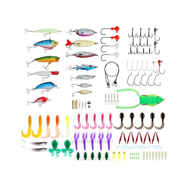 119-Piece-Fishing-Tackle-Kit-Starter-Bait-Set-Complete-with-Hooks-Worms-Lures-Leader-Line-More-Catch-Bass-Trout-Crappie-Salmon-Perfect-Fisherman-Gift-Bonus-Tackle-Box-Included