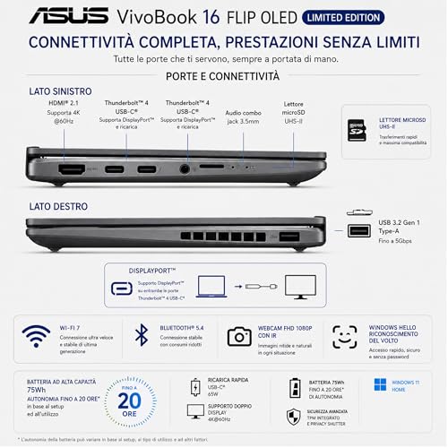 ASUS Vivobook 16 FLIP, Intel® Core™ Ultra 7 258V, Intel Arc Pro, OLED Display Touchscreen 16" WUXGA FHD+, DDR5 32Gb, SSD 1Tb, Win 11, Wi-Fi 7, BT 5.4, Backlit Keyboard, Pen, Gar 3 Years