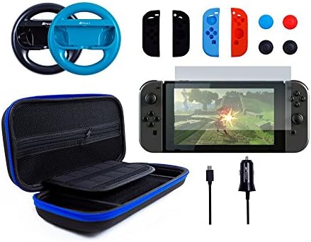 Pegly 13-1 Blue Accessories Kit For Nintendo Switch, Including HD Carrying Case,Two Joy-Con Steering Wheels, Car Charger, Joy-con Silicon case and Tempered Glass