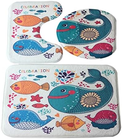 Bathroom Rug Sets 3 Piece, TOPUNDER Bathroom Non-Slip Blue Ocean Style Pedestal Rug, Lid Toilet Cover, Bath Mat (A)