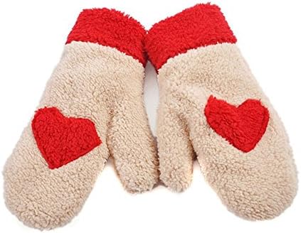 ieasysexy Stylish Cute Heart Design Super Fuzzy Soft Warmer Gloves Mittens New Year's Gift for Women Girls(Beige)