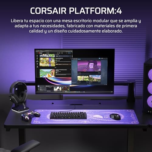 Platform:4 – 120 cm x 76 cm, Altura Fija, Escritorio de Pie para Juegos de Oficina, Cables Escritorio, Alimentación USB, Brazo para Monitor Incluido – Negro