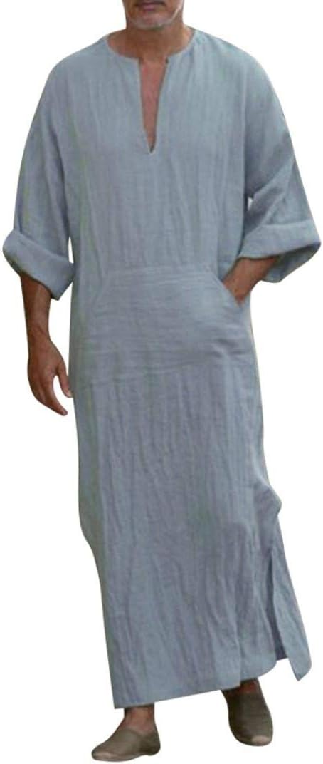 fanoud Mens Dress Kaftan Ethnic Robes Loose Solid Long Sleeve Loose Vintage Dress Kaftan