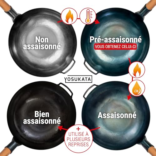 YOSUKATA Woks & Frying Pans 34 cm - Flat Bottom Wok in Blue Carbon Steel, Pre-Seasoned Suitable for Induction, Electric Hobs, Gas and Open Fires - Traditional Chinese Frying Pans