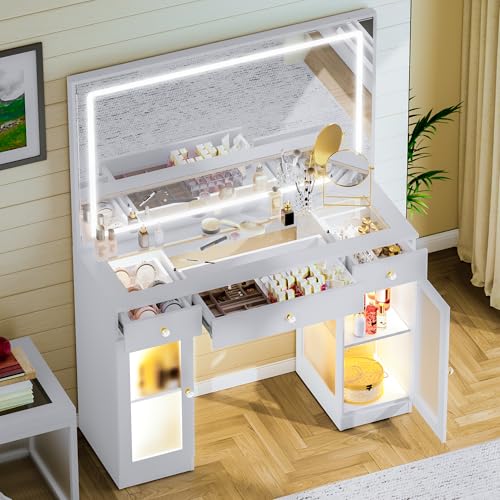 Pamapic Makeup Vanity Desk with Mirror and Lights, LED Light Strip Vanity with Glass Top, Crystal Knobs and Translucent Cabinet Doors, 3 Lighting Modes White Vanity with 3 Drawers