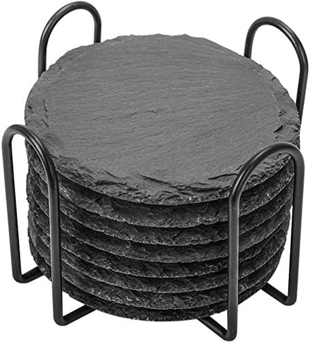 Wewink Plus コースター スレート 8枚セット 黒 円型 防水 滑り止め 収納ホルダー付き