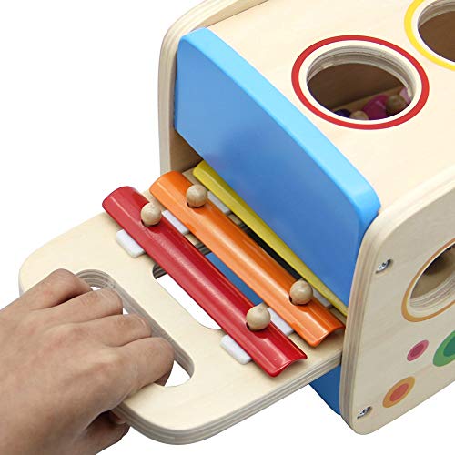 image for ATDAWN Wooden Shape Sorter Bus with Slide Out Xylophone, Wooden Musica