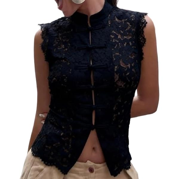 CIDER Womens Lace Mandarin Collar Guipure Split Tank Top