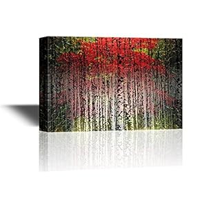 Canvas Wall Art - Abstract Colorful Birch Tree Forest with Red and Yellow Brushwork - Gallery Wrap Modern Home Art | Ready to Hang - 12x18 inches