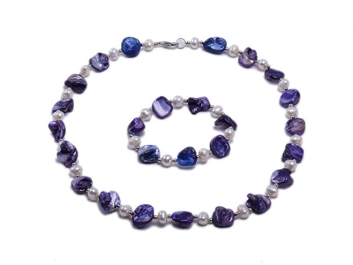 JYX Schmuckset Halskette und Armband weiße Süßwasserperle und rosa Muschel