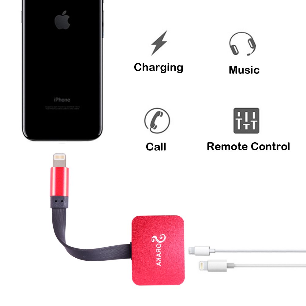 SORAKA Lightning Adapter und Splitter für iPhone 7 / iPhone 7 Plus / iPhone 8 / iPhone 8 plus / iPhone X, 2 in 1 Dual Audio + Charge + Anruffunktion (Unterstützung iOS 11) (Rot)