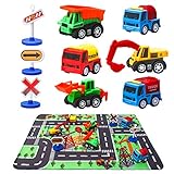 Construction Vehicle Toys with Play Mat, 6 Construction Trucks, 3 Road Signs, 14