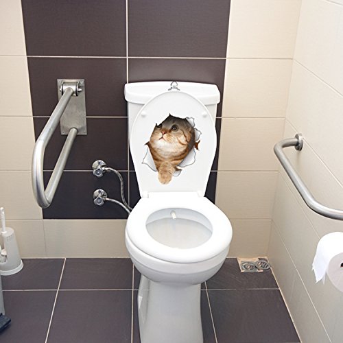 Greatstar DIY 3D Through The Wall Lovely Dog&cat Fridge Stickers Bathroom Toilet Cover Water Tanks Decal (Cat2)