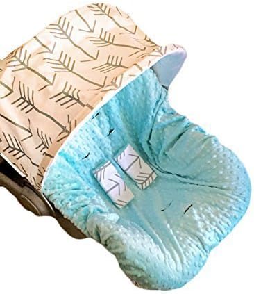 Baby Car Seat Cover, Canopy in white with grey arrows. Seat in turquoise minky, FREE strap covers included