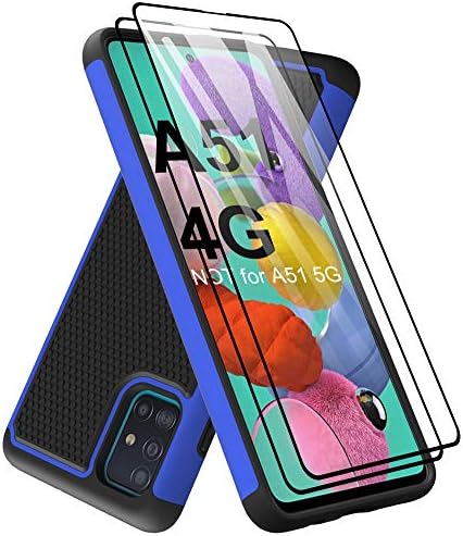 Galaxy A51 Case with Tempered Glass Display Protector [2 Pack], Dahkoiz Armor Defender Cowl Samsung Galaxy A51 Case Twin Layer Hybrid Protecting Cellphone Case for Samsung Galaxy A51 A515, Blue