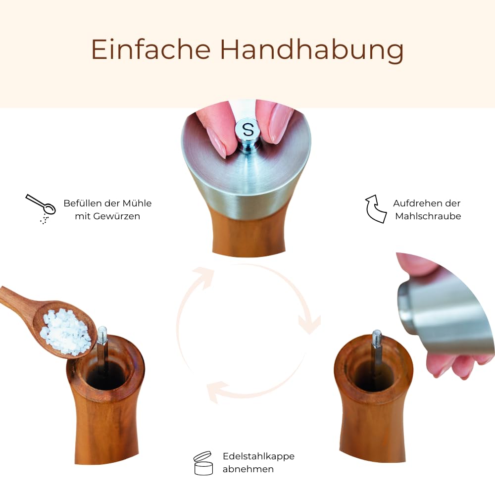 BERLIN KITCHEN® Salt'n Pepper Passion Salz- und Pfeffermühle Set | Edle Akazie & Edelstahl | GRATIS Dosierlöffel | Langlebiges Keramikmahlwerk | Stilvolles Geschenk | Stufenlos einstellbarer Mahlgrad 5