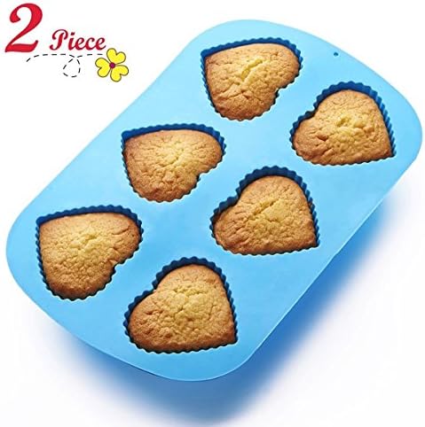 Chefaith 2 Pcs 6-Cup Silicone Muffin / Cupcake Baking Pan [Heart-Shaped Baking Cups] - Non-Stick, Heat Resistant (Up to 480°F) Mini Cake Baking Mold / Tray, Food Grade Reusable Bakeware, Blue