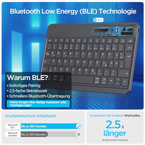 Emetok German Bluetooth Keyboard for iPad Air/Pro/Mini/10.9/10.2/9.7/iPhone/Android, Magnified Keycaps, Rechargeable, QWERTZ, Portable Wireless, Ultra Thin, Black