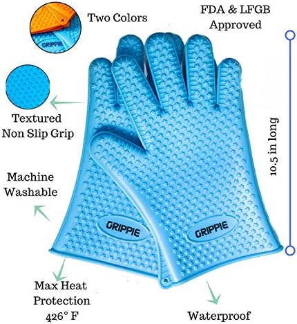 BBQ, Grilling &amp; Oven Silicone Heat Resistant Cooking Gloves With FREE TONGS &amp; BASTING BRUSH By Grippie–Premium Quality-Maximum Protection &amp; Comfort–Lightweight &amp; Dishwasher Safe–Blue &amp; Orange