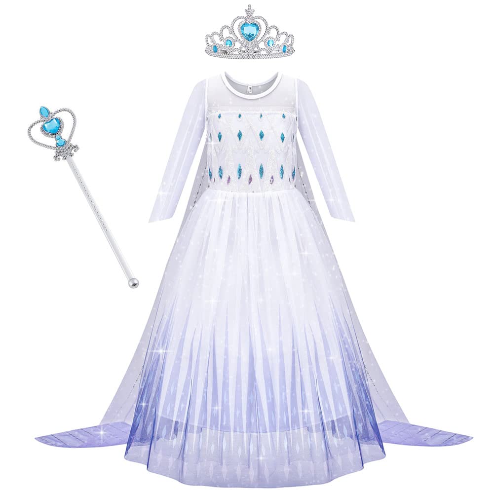 AOOWU Princess Dress Costume, Luxury Princess Dress with Shining Long Cape, Snow Party Dress Princess Costume for Girls Toddler Cosplay Dress Up (5-6 Years)