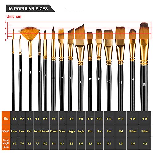BOSOBO Paint Brush Set, 15 Pcs Professional Wood Handle Acrylic Brushes Watercolor Brushes Oil Brushes for Canvas Painting Craft Face Body Art Paint by Number, Travel Case and Palette Knife Included