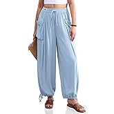 TARSE Womens Linen Wide Leg Pants Casual Loose Drawstring Palazzo Trousers Beach Boho Summer Travel Pants