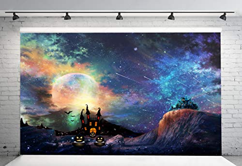 7x5ft Halloween Photographic Backdrops Full Moon Moonlight Backdrop Colorful Interstellar Planet Mysterious Castle Photography Background Party Decor Kids Portrait Photobooth Studio Props WSJ-148