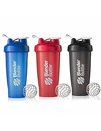 BlenderBottle Botella clásica con espiral para mezclar de 28 onzas, Paquete de 3, Color azúl, negro, rojo.