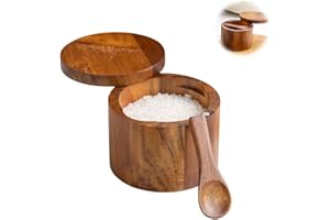 NYGHMY 1 Pcs Acacia Wood Salt Cellar with Spoon, Elegant Kitchen Salt Box for Sea Salt, Pepper & Spices - Swivel Magnetic Lid