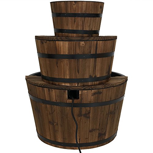 Sunnydaze Rustic 3-Tier Wood Barrel Water Fountain, 30-Inch