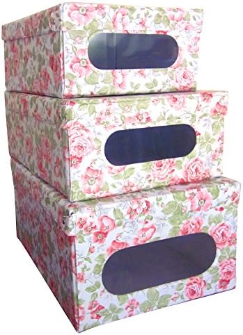 ORDINETT Foldable, Hinged Lid, Closet or Garage Storage Boxes, Stackable Storage and Organization, Vinyl Covered Inside Out, See Through Window, English Rose, Italian, Set of 3