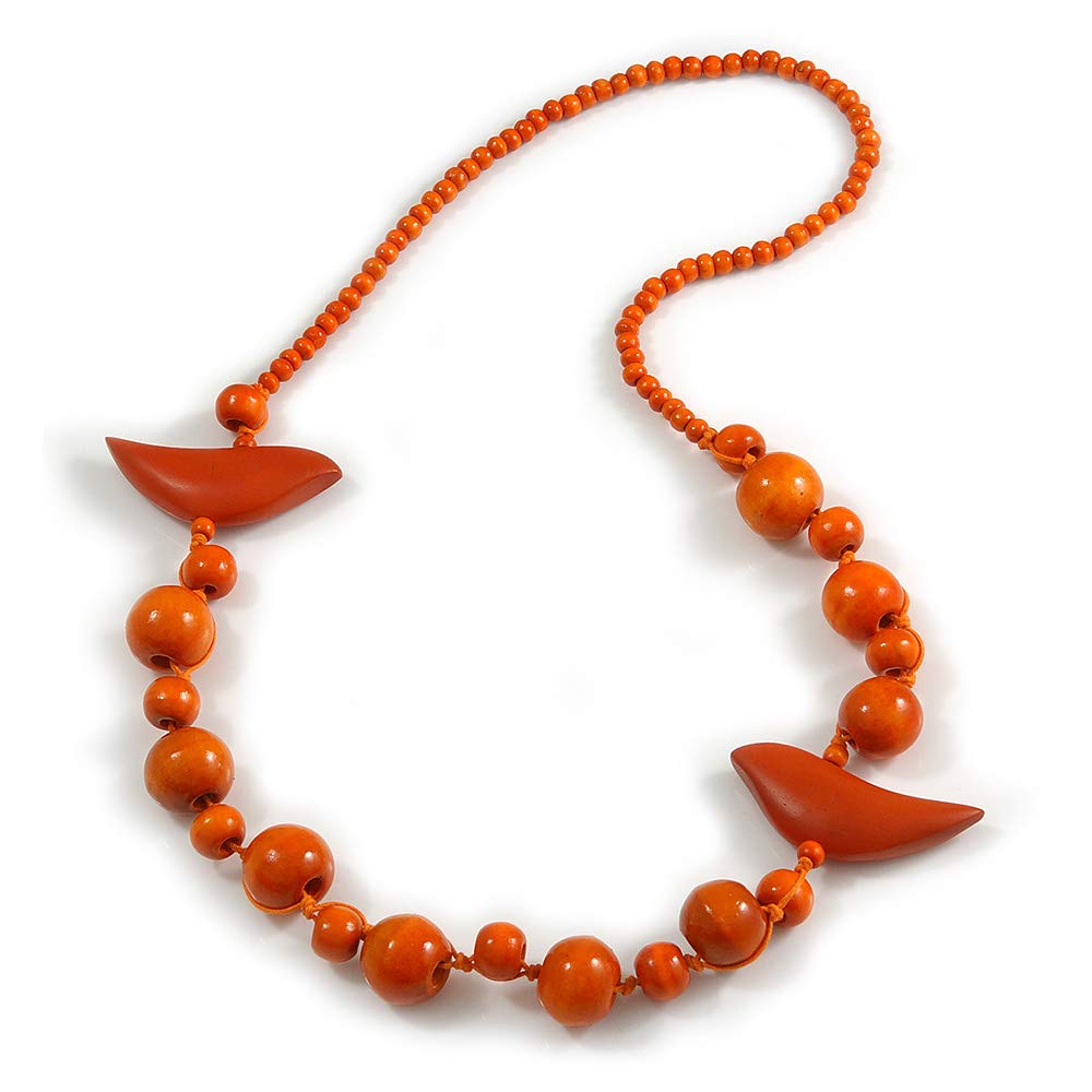 Avalaya Orange Wood Bead Bird Long Necklace - 80cm Long