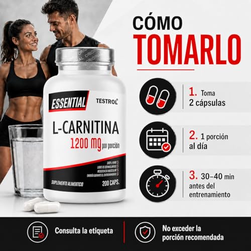 Carnitina Essential 1200mg por porción, L Carnitina Tartrato libre de Estimulantes para Hombre y Mujer, Calidad Premium | Testrol L-Carnitina Essential | TSN (200 CAPSULAS).
