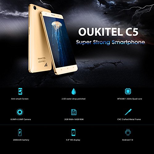 OUKITEL C5 Smartphone Libre 3G de 5.0''HD (FDD-LTE, Android 7.0, 5.0MP+2.0MP cámaras, 16GB ROM+ 2GB RAM, MTK6580 quad-core 1.3GHZ), Oro