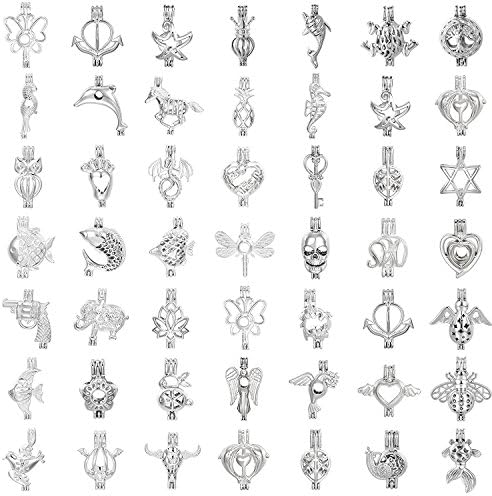 30pcs Pearl Bead Cage Pendant Locket Bulk Alloy with Chain, DIY Necklace Earring Jewelry Making Charm, Essential Oil Scent Diffuser Rock Locket Pendant Mix Style, No-duplicate