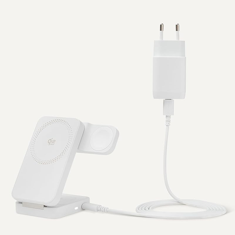 Station de Recharge sans Fil 3 en 1 25 W certifiée Qi2.2, Support Pliable Compatible MagSafe pour iPhone 17/16/15/14/13/12, Apple Watch, AirPods, avec Adaptateur 45 W, Blanc