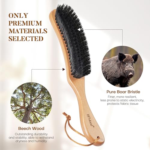 BFWood Clothes Brush, Boar Bristle Lint Brush for Suits, Cashmere, Wool, Velvet, Suede, Large Beech Handle