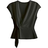 Verdusa Women's Wrap V Neck Cinched Waist Tops Twist Knot Elegant T Shirts