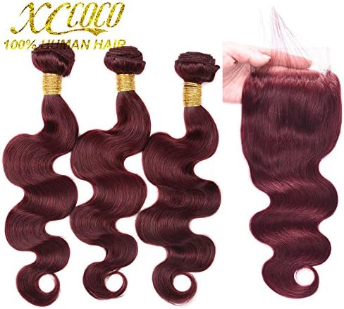 New Year Gifts XCCOCO 3 Bundles 20 22 24inch 99j# Body Wave With 18inch Lace Closure 8A Peruvian Virgin Human Hair thick Bundles Hot Sale Wine Red Burgundy Color for Black Women