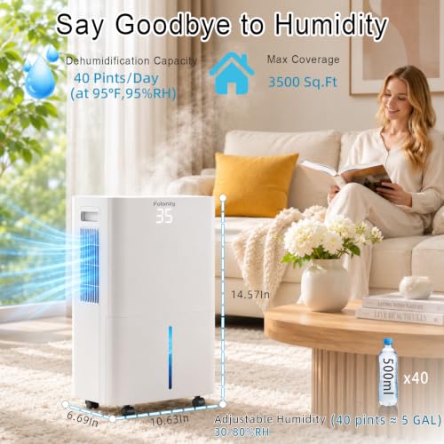 Folanzy 40 Pint Smart Dehumidifier for Basements Home (Covers 3500 Sq.Ft) | Continuous Drain Hose, Water Tank,Auto Defrost, 24H Timer & Quiet Operation for Garage,Bedroom