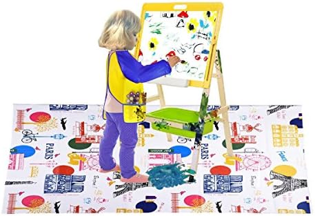 Washable Kids Painting Drop Cloth with France Attractions Pattern for Art Easel And 1 Pack Children Art Smock Kids Art Aprons with Waterproof Long Sleeve 3 Roomy Pockets (Yellow)
