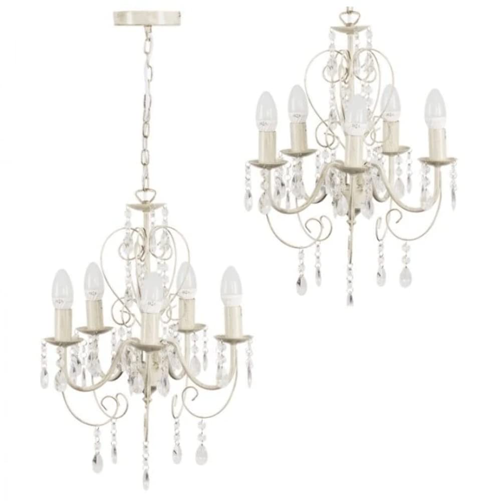 MiniSun | Traditional Cream 5 Way Ceiling Light Chandelier with Acrylic Jewels | Home Décor, Bedside & Desk Lamp | Mains Wired